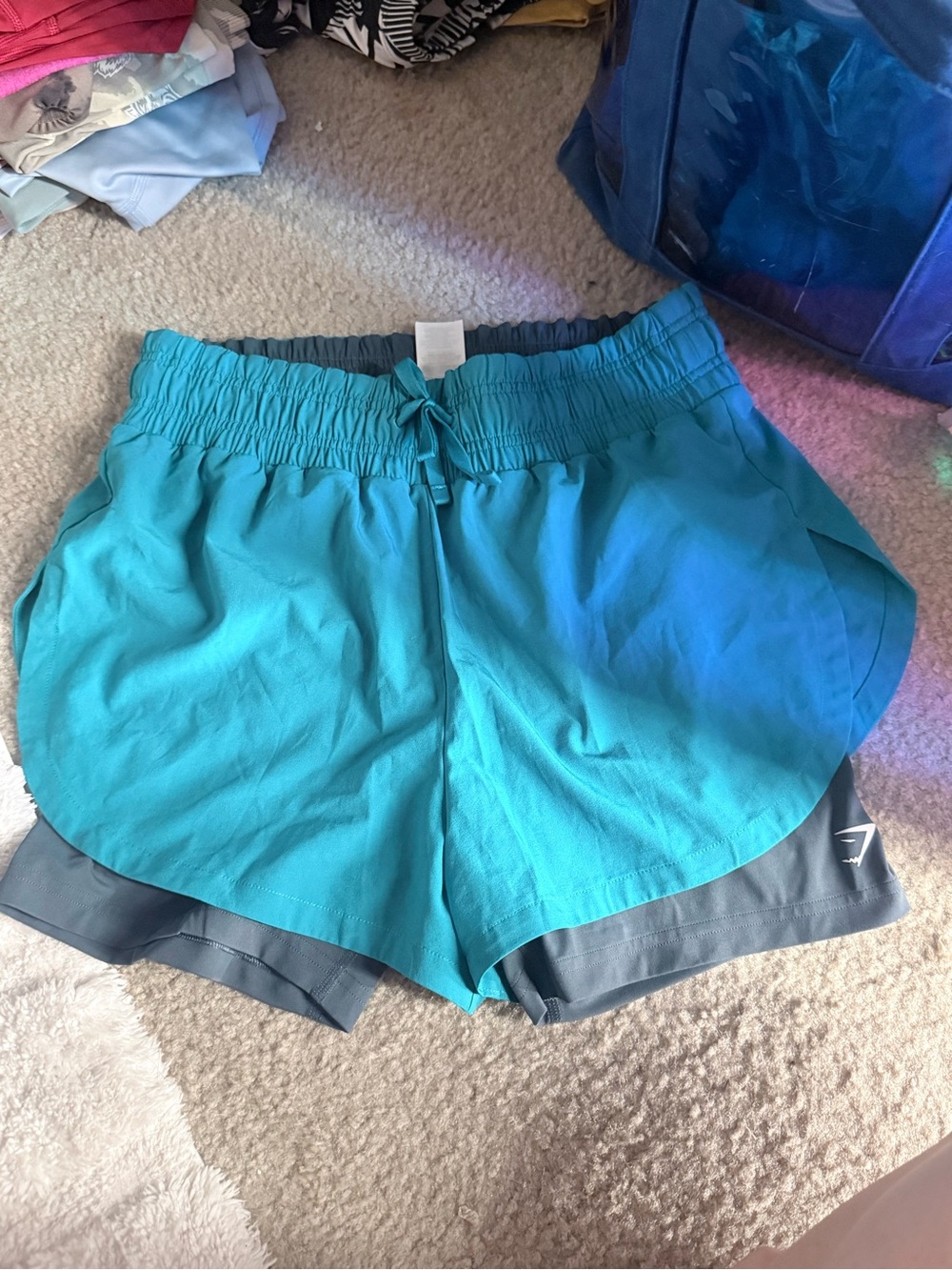 Gymshark Teal and Charcoal Layered Running Shorts
